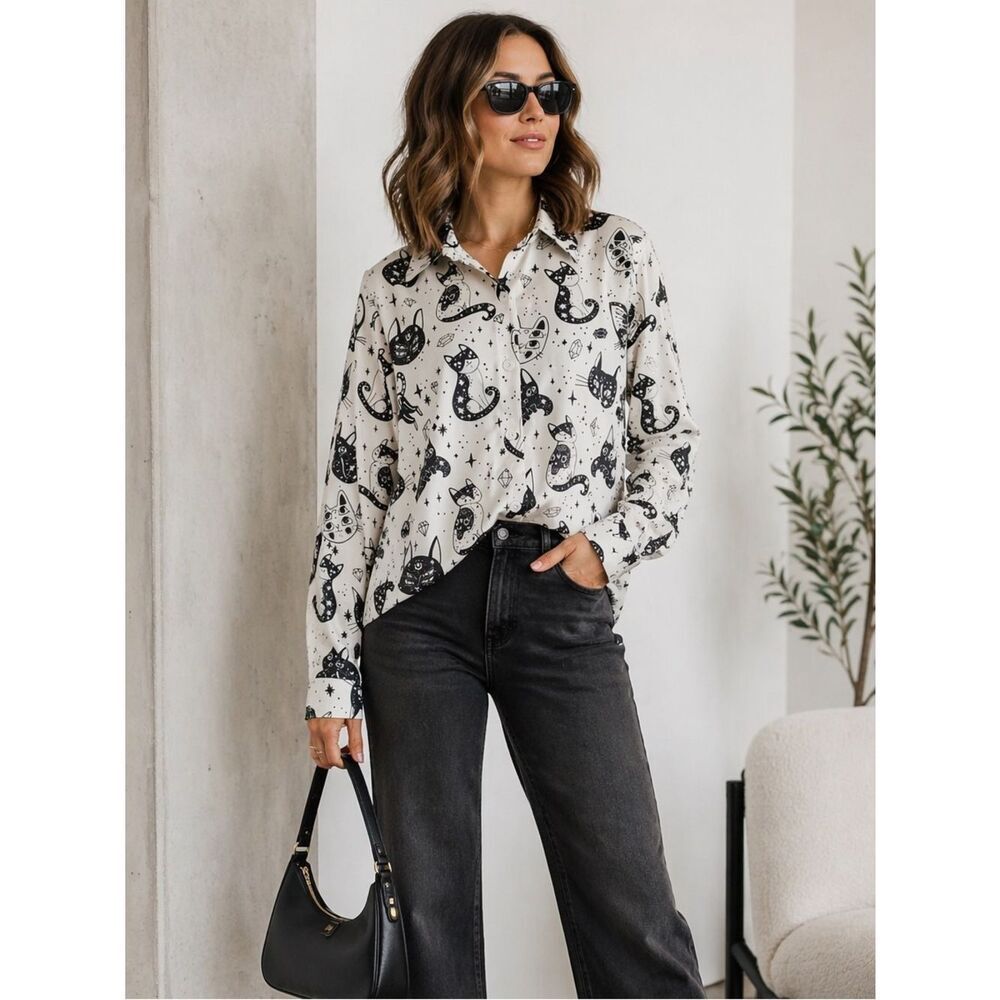 Urban Outfitters Cat Print Black and White Shirt